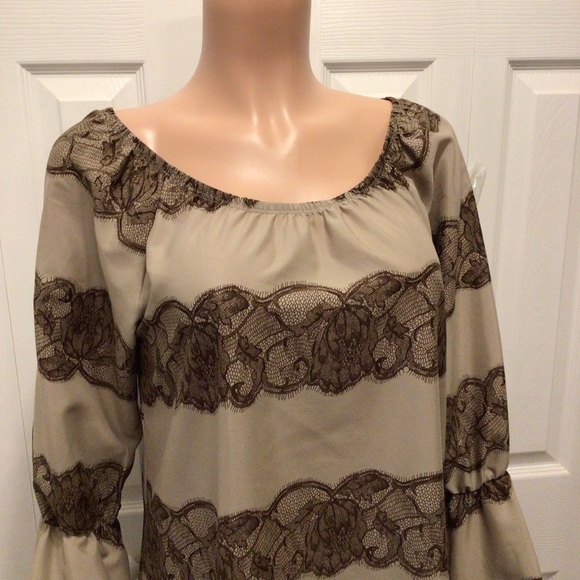 NWOT Miin Womens Brown Lace Print Long Poet Sleeve Mini Shift Dress Size Medium - Picture 3 of 7